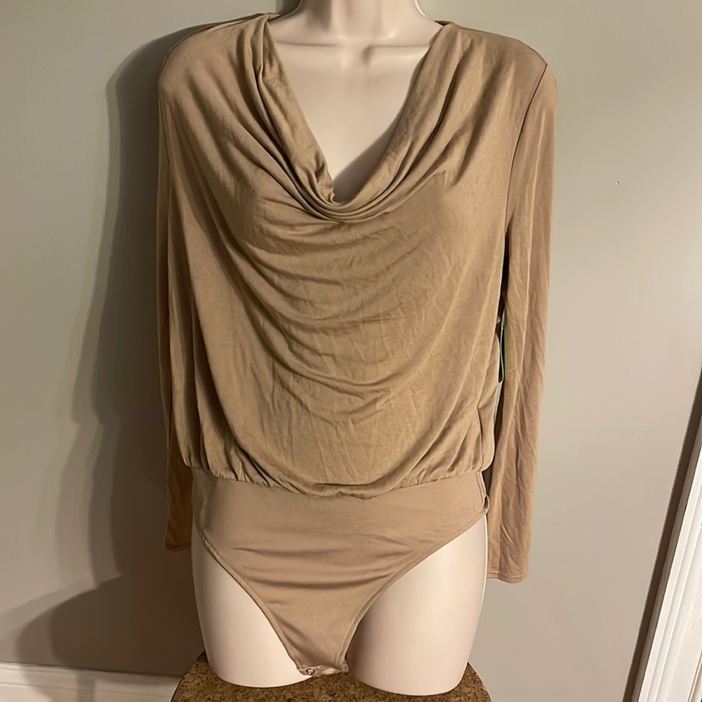 NWT Jeannie Mai X Inc Bianca Cowlneck Thong Bodysuit Champagne Nude